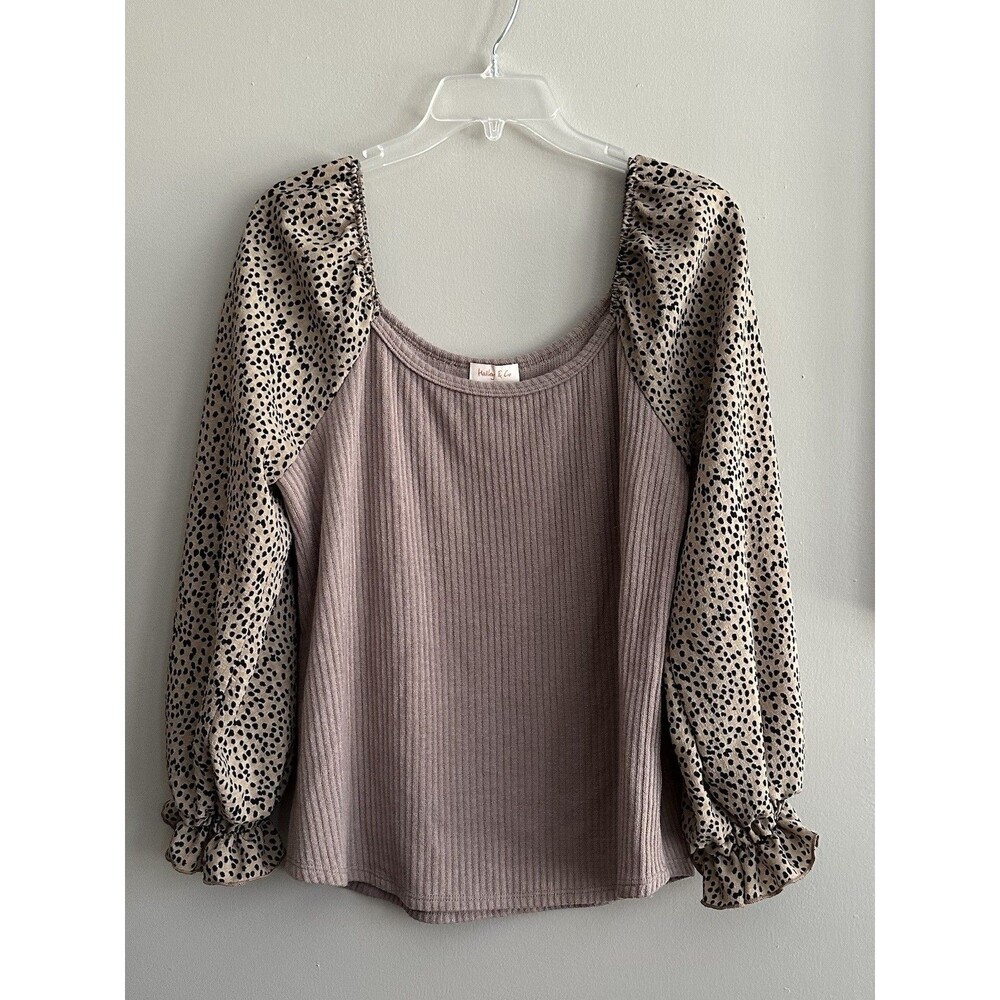 Hailey and Company Women's Top Size L Taupe and Leopard Print Long Sleeve EUC